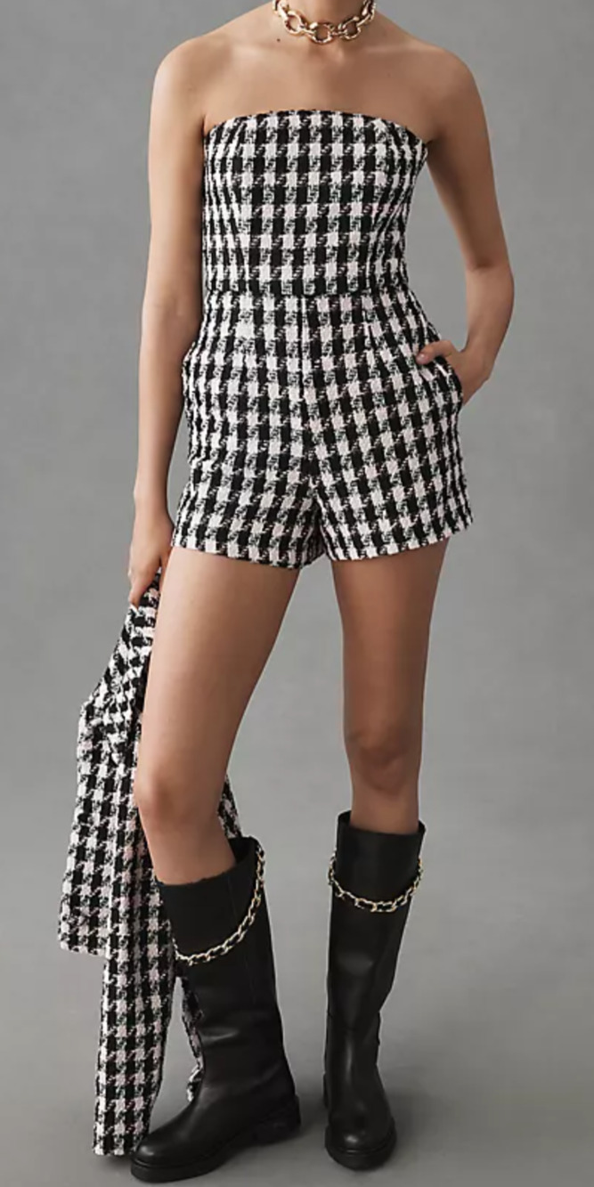 Hutch Strapless Tweed Playsuit Black Pink Check Houndstooth Romper